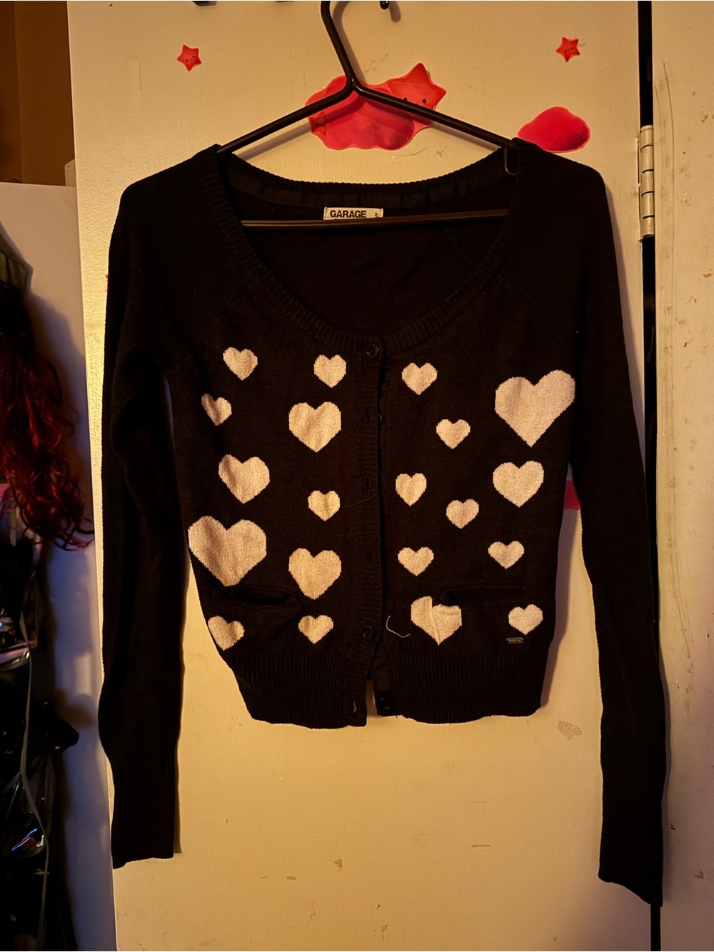 Y2K 2000a Vintage Garage Black Cardigan Sweater with White Hearts